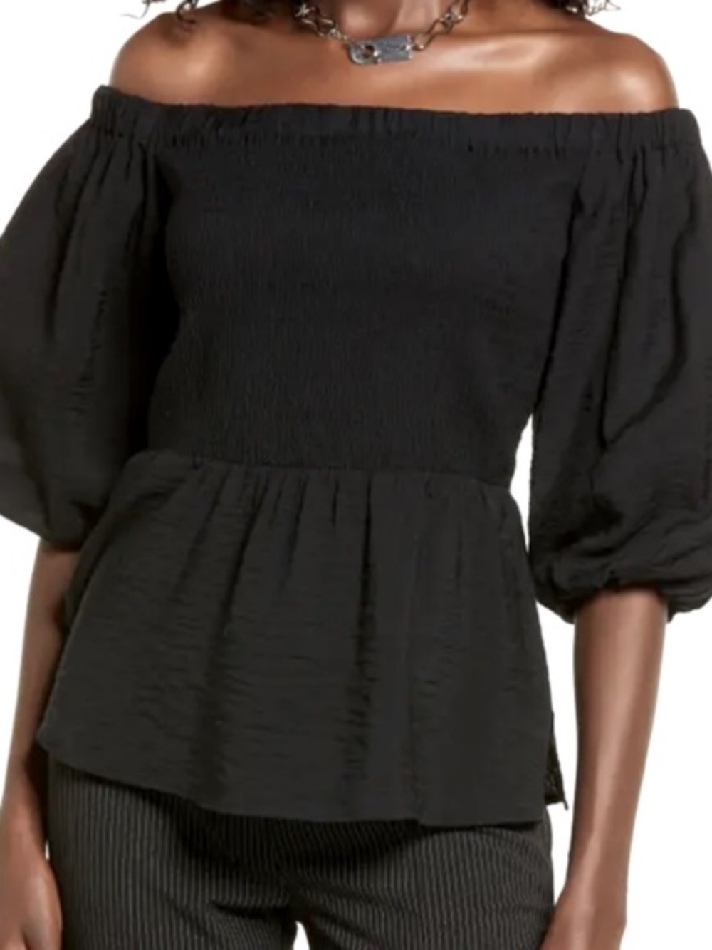 Nordstrom Open Edit Smocked Puff Sleeve Off Shoulder Peplum Top in Black Size: M